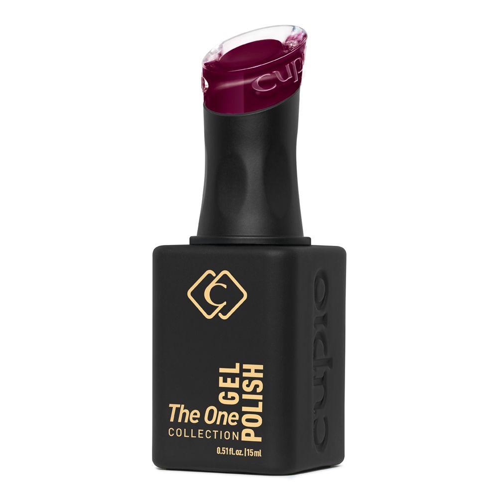 Schwarze Flasche Cuccio The One Collection Gel Polish mit transparentem Deckel und dunklem beerfarbenem Gel-Lack, 15 ml