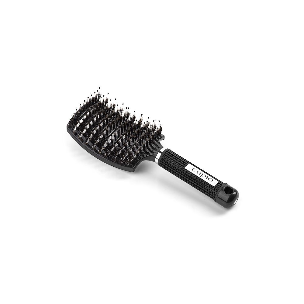 Schwarze Paddle-Haarbürste mit Kunststoffborsten und Noppen, ergonomischer, rutschfester Griff zum sanften Entwirren der Haare