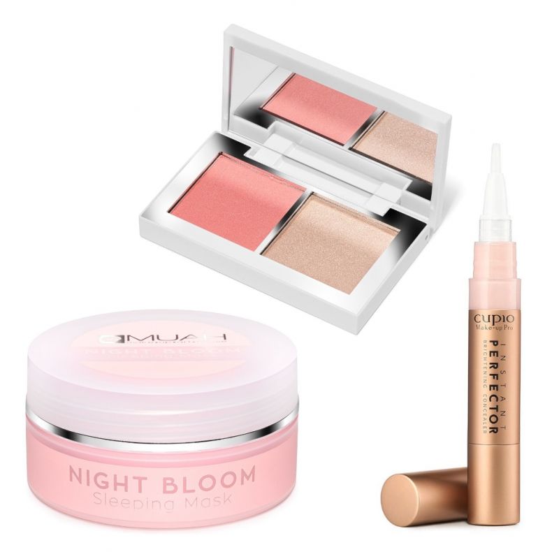 Produktaufnahme einer Nachtmaske, einer Rouge Palette und einem Concealer für strahlende Haut