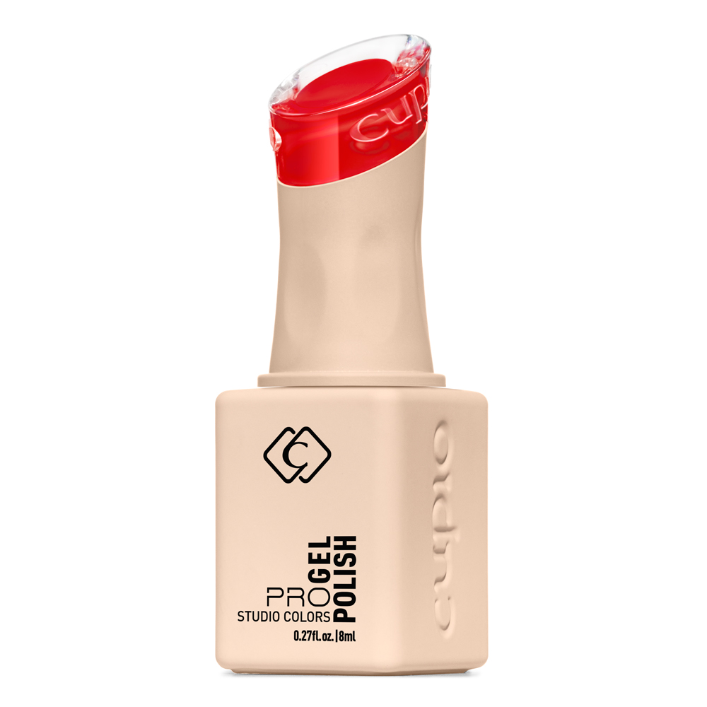Produktbild von Cuccio Progel Polish Studio Colors, UV-Gel-Nagellack 8 ml, in beigefarbener Flasche mit rotem Verschluss vor weißem Hintergrund