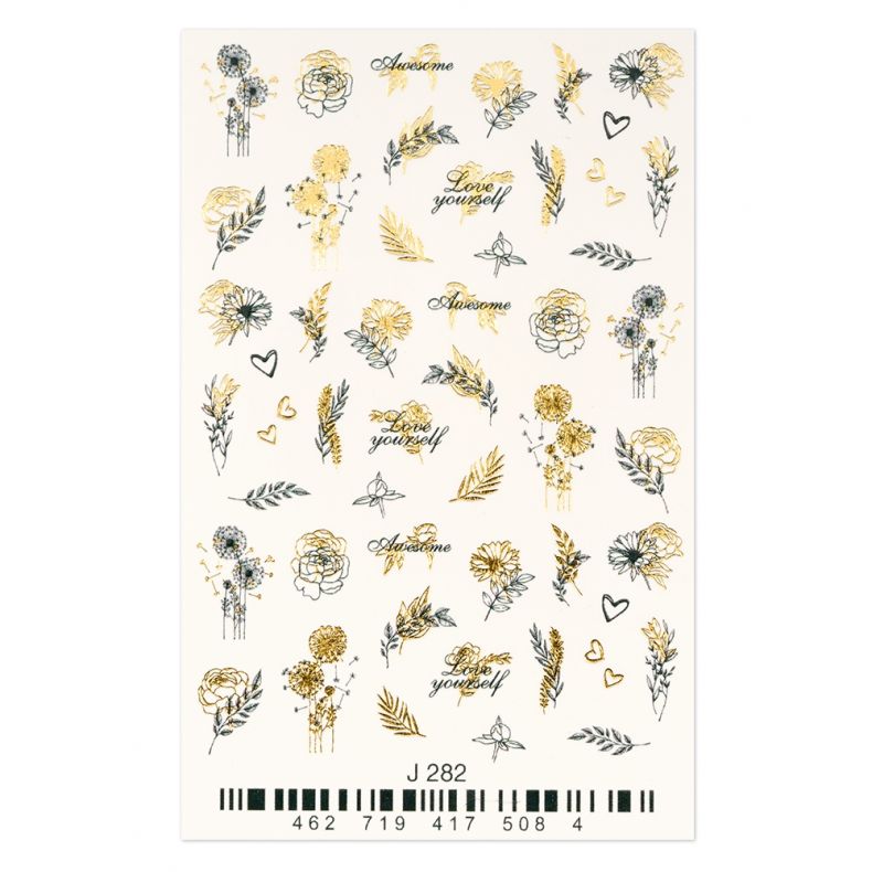 Wassertransfer-Tattoo-Design mit goldenen und floralen Elementen sowie Sprüchen wie 'Awesome' und 'Love yourself'.