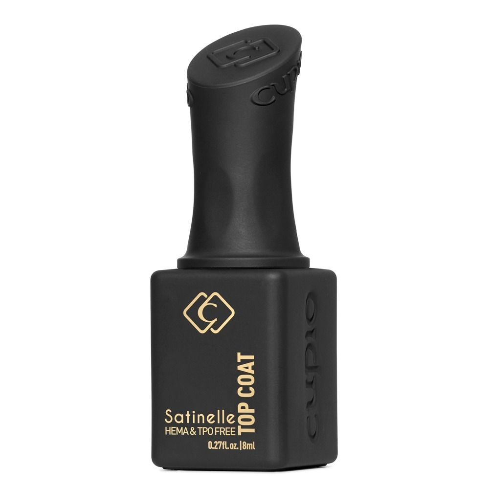 Schwarze Flasche Satinelle Top Coat Cupio HEMA- & TPO-frei 8 ml, Versiegelung für Gel- und Gellack-Maniküren mit gleichmäßigem, langanhaltendem, samtmattem Finish