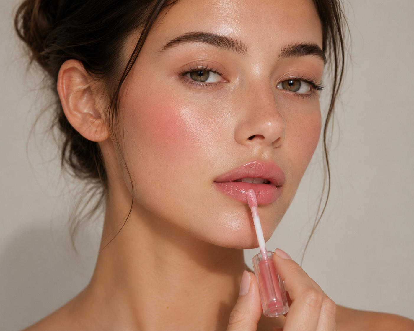 Nahaufnahme einer Frau beim Auftragen von rosafarbenem Lipgloss mit Applikator für ein glänzendes, natürliches Lippen-Make-up