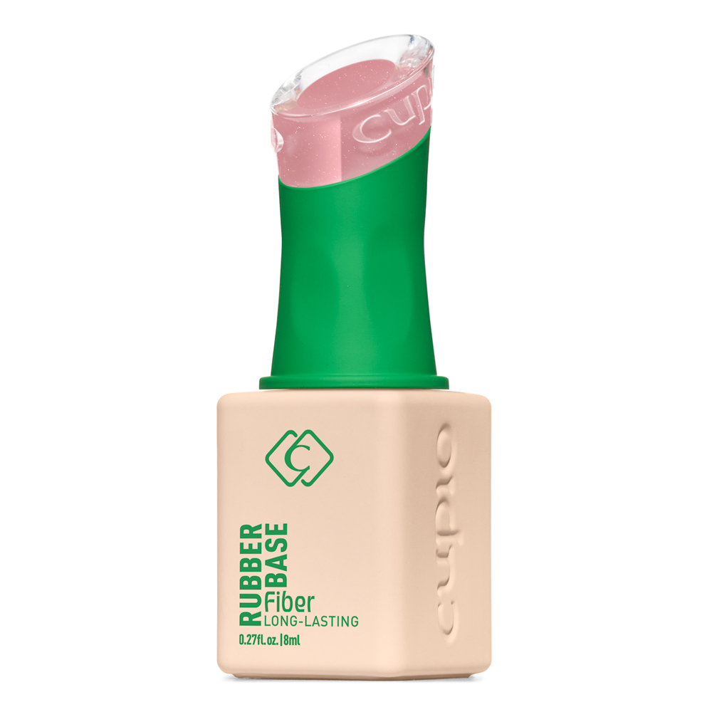 Abbildung der Cupio Rubber Base Fiber Long-Lasting, 8 ml Gummibasis für UV-/LED-Nägel, Flasche mit grünem Hals und transparent-rosa Kappe