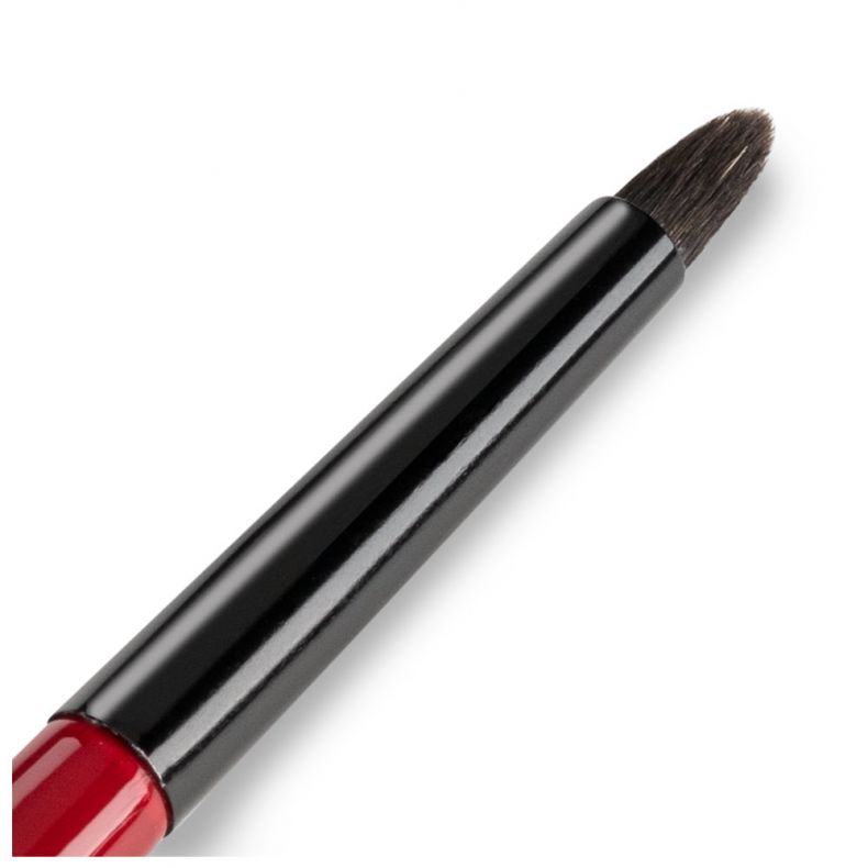 Detailaufnahme eines schwarzen Makeup-Pinsels mit rotem Griff