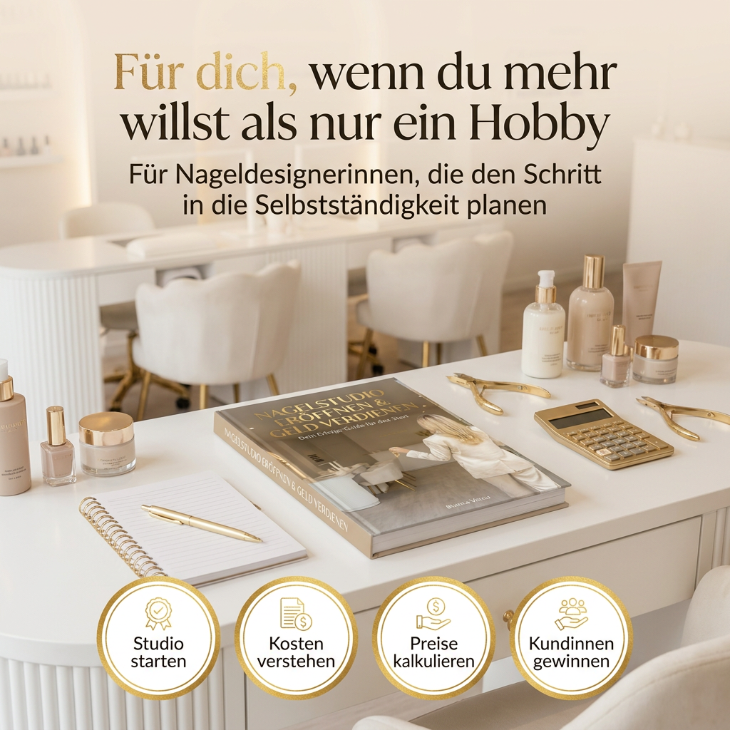 Buch „Nagelstudio eröffnen & Geld verdienen“ auf einem Tisch im Nagelstudio, umgeben von Notizbuch, Taschenrechner und Pflegeprodukten – für Nageldesignerinnen auf dem Weg in die Selbstständigkeit