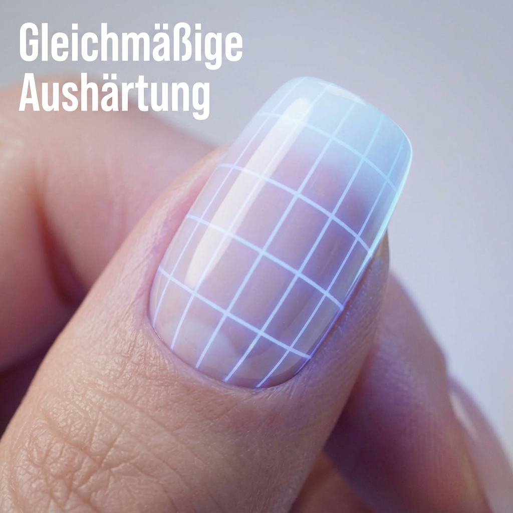 Nahaufnahme eines Nagels mit Gitternetz, das die gleichmäßige Aushärtung von Gel- oder UV-Lack durch die Cupio Expert Vision 36W LED-Lampe zeigt