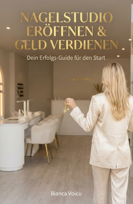 Buchcover von „Nagelstudio eröffnen & Geld verdienen“: Frau im hellen Anzug betritt modernes Nagelstudio – Business-Guide für angehende Nageldesignerinnen