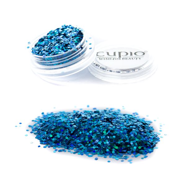 Blaue Glitzerpartikel in einer Dose von Cupio