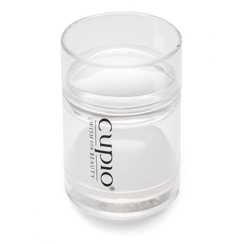 Kosmetikdose aus klarem Material mit Cupio-Logo, ideal für Schönheitsprodukte