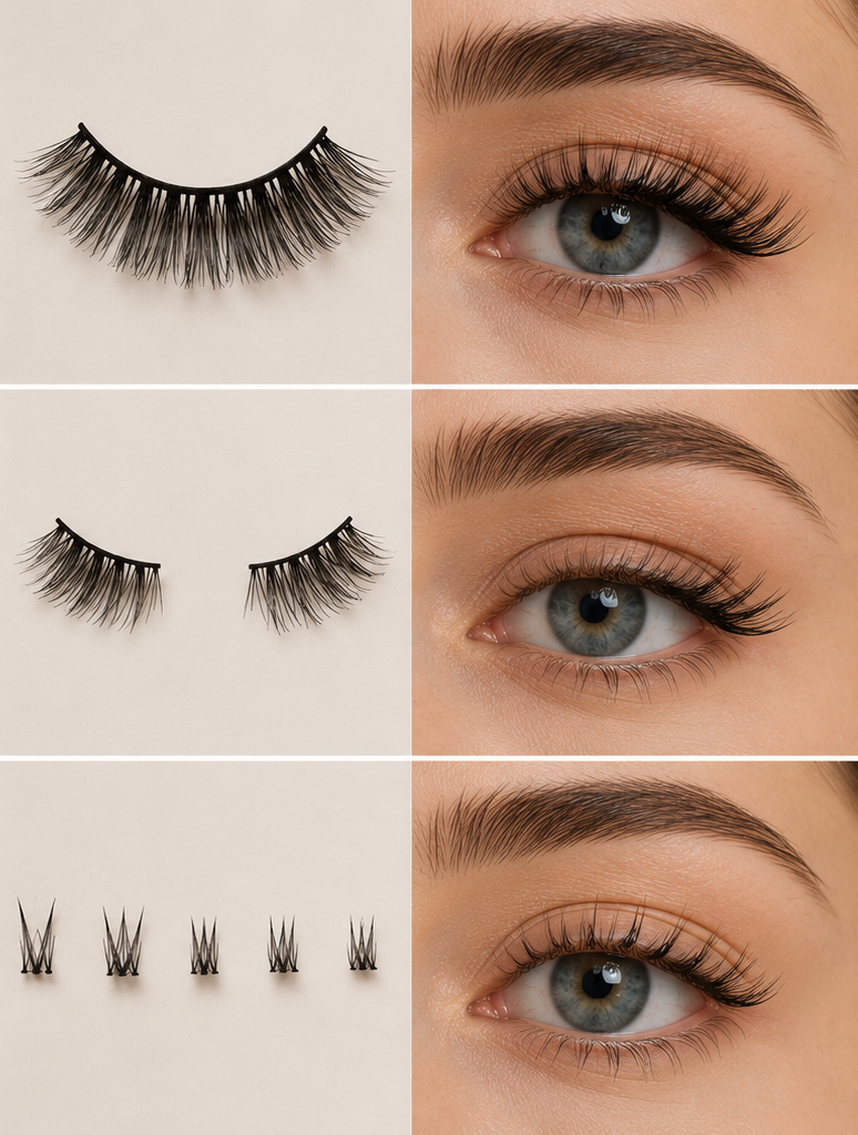 Bild zeigt künstliche Wimpern im Vergleich: kompletter Wimpernstreifen, halbe Wimpern und einzelne Wimpernclusters sowie die jeweilige Wirkung am Auge.