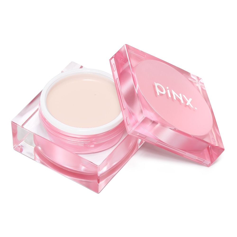Geöffnetes Builder Gel pinx. Cloud Dancer Skinny Toffee 15 ml in rosafarbener Dose, selbstnivellierendes Aufbaugel in elegantem Beige-Nude für natürliche, feminine Maniküren