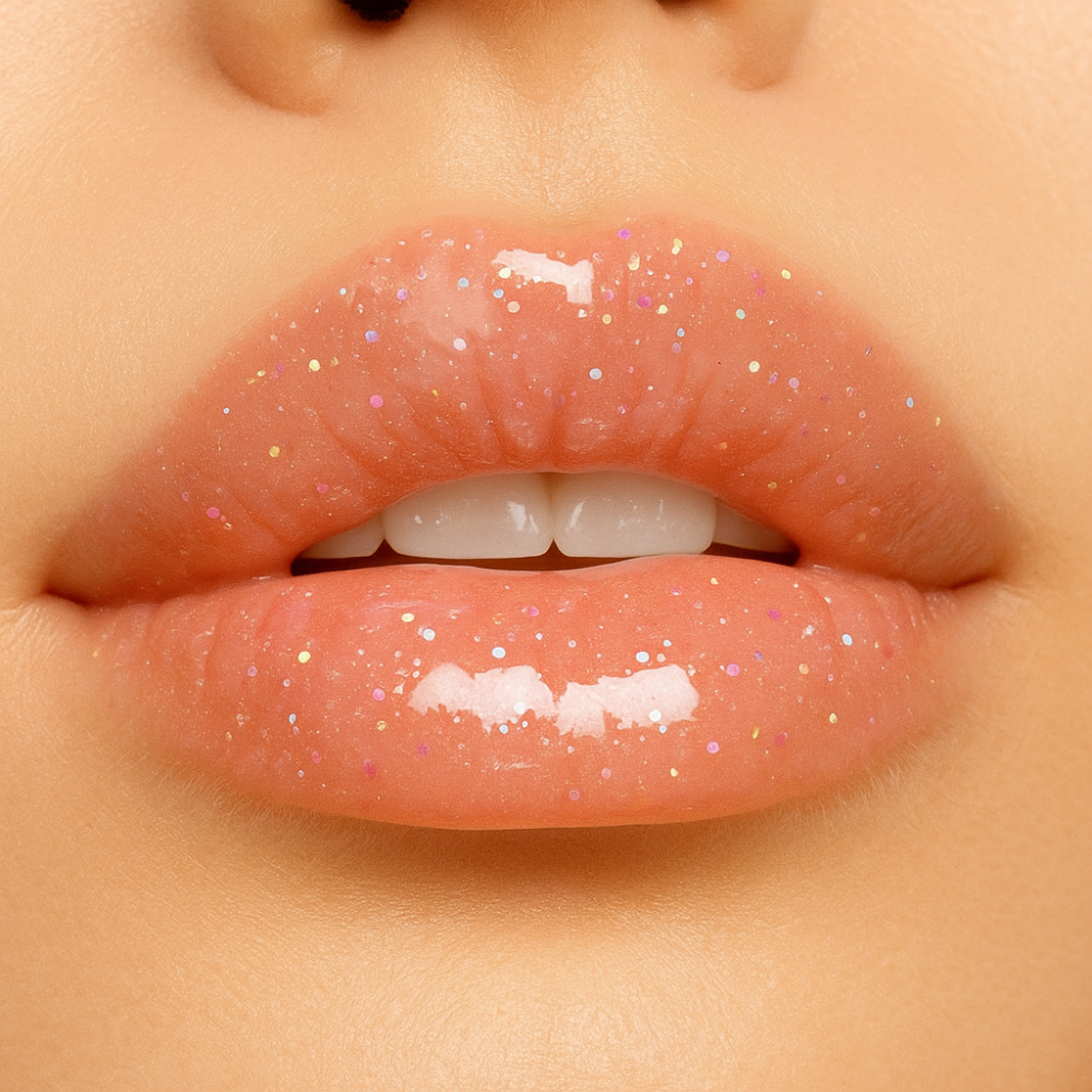 Nahaufnahme von glänzenden, glitzernden Lippen mit rosa Lipgloss