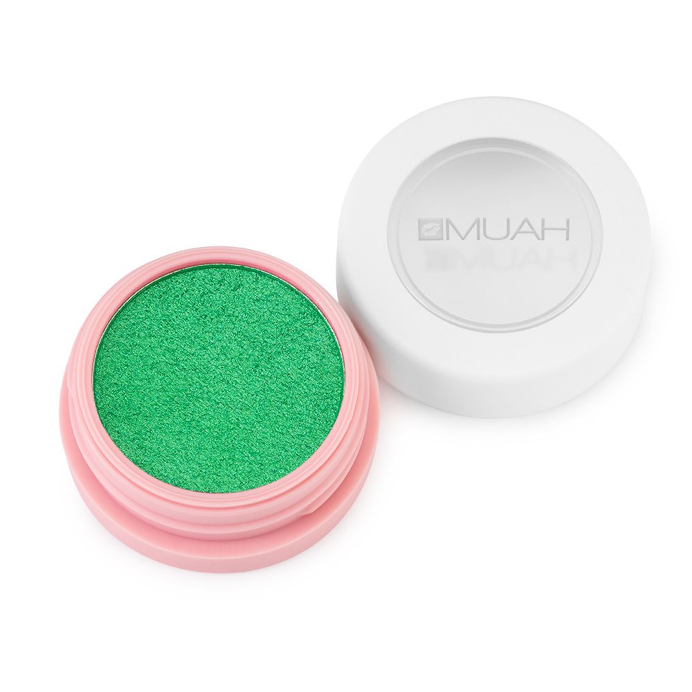 Grüner Lidschatten von MUAH in einer rosa und weißen Dose