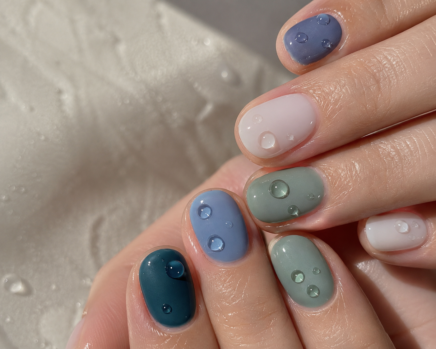 Nahaufnahme einer Maniküre mit pastellfarbenen Gel-Nägeln in Blau, Grün und Rosé mit glänzendem Wassertropfen-Effekt