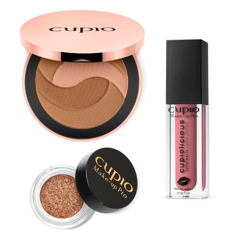 Kosmetikprodukte von Cupio: Bronzer, glitzerndes Lidschatten und Lippenstift