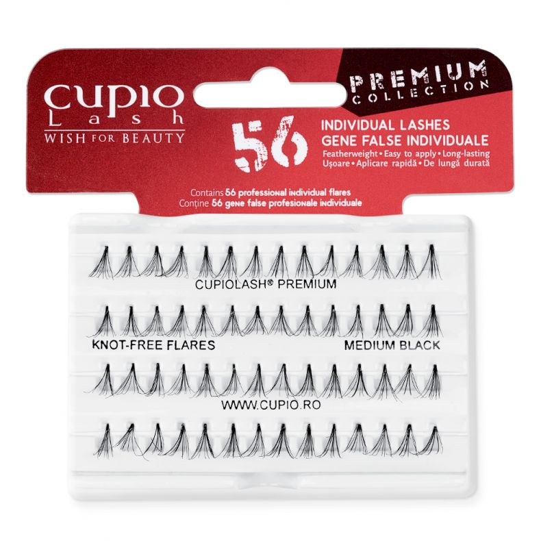 Packung mit 56 professionellen individuellen Wimpern Flares von Cupio Lash, knotenfrei und mitteldunkel schwarz.