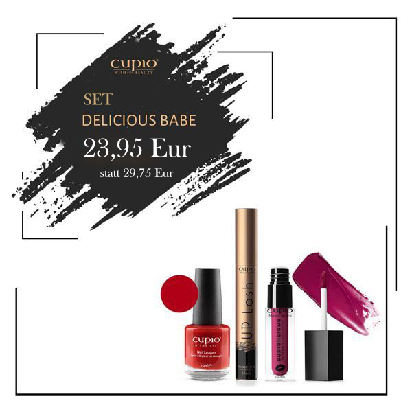 Cupio Set Delicious Babe bestehend aus Nagellack, Mascara und Lippenprodukten.