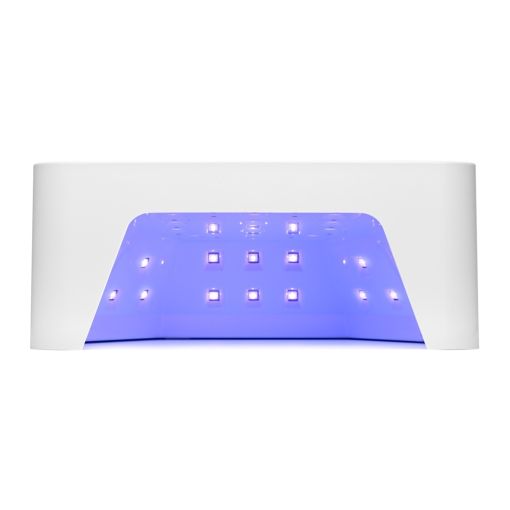 Weiße UV-LED-Nagellampe mit mehreren LED-Lichtern und blau beleuchtetem Innenraum zur Aushärtung von Gelnägeln