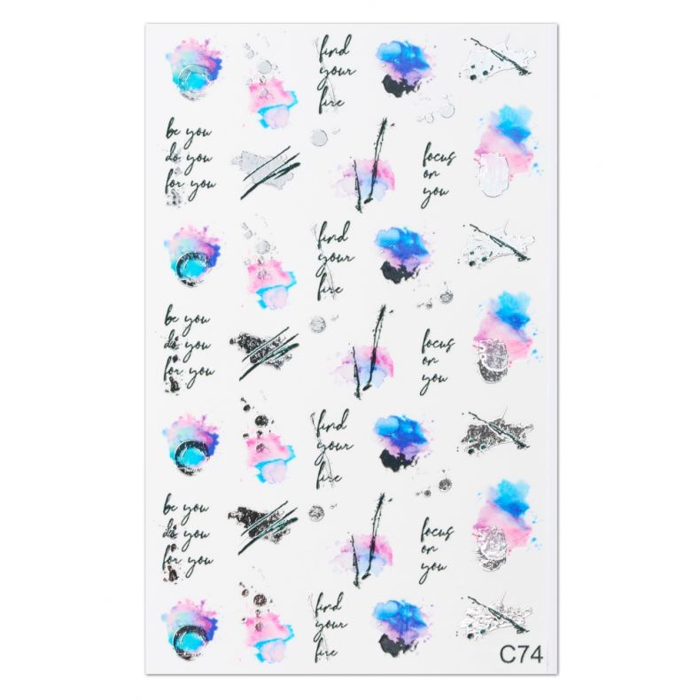 Aufkleber mit Sprüchen wie 'be you', 'find your hue' und bunten Aquarellfarben in Blau und Pink