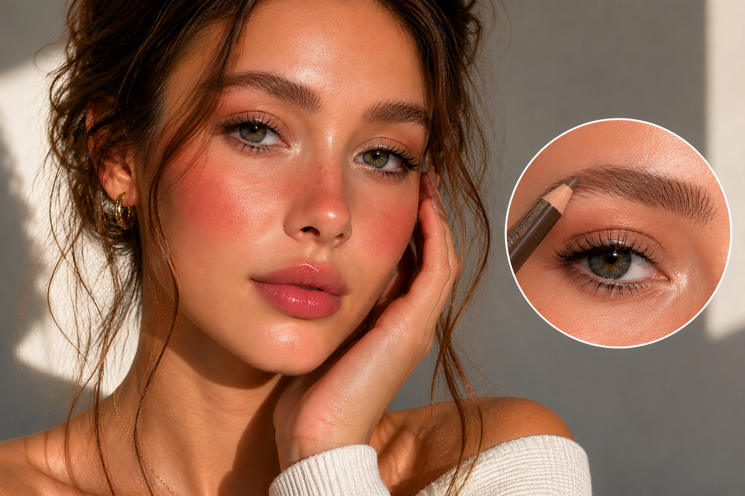 Porträt einer Frau mit natürlichem Make-up; Nahaufnahme zeigt braunen Augenbrauenstift beim präzisen Auffüllen und Definieren der Augenbraue