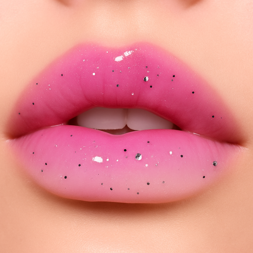Nahaufnahme von glitzernden Lippen in Pink mit schimmerndem Effekt und Glitzerpartikeln