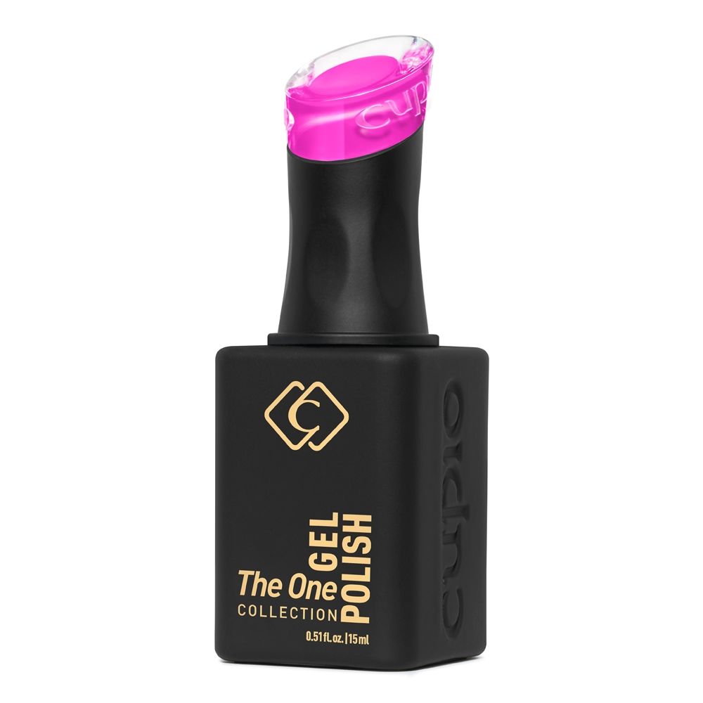 Cuccio The One Collection Gel Polish, 15 ml, schwarzer Gel-Nagellack-Flakon mit pinkem Verschluss auf weißem Hintergrund