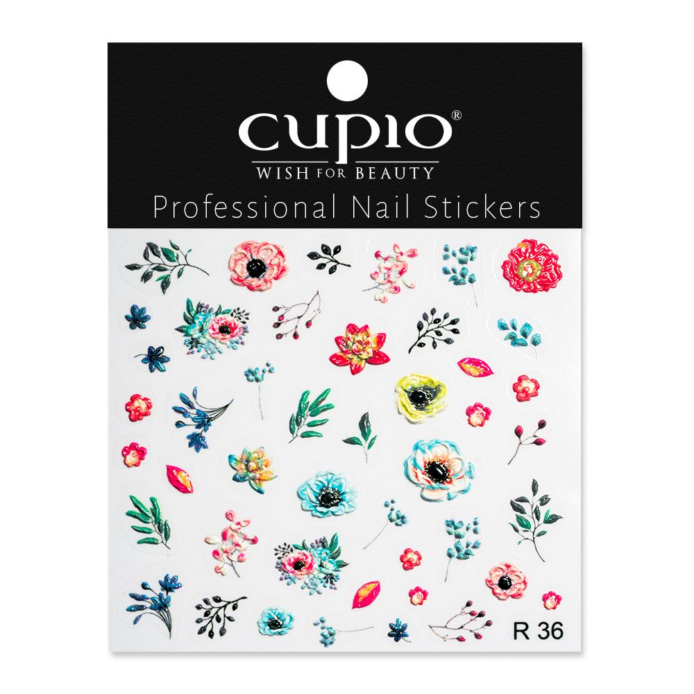 Packung mit professionellen Nail Stickern von Cupio, verziert mit verschiedenen Blumenmotiven in bunten Farben.