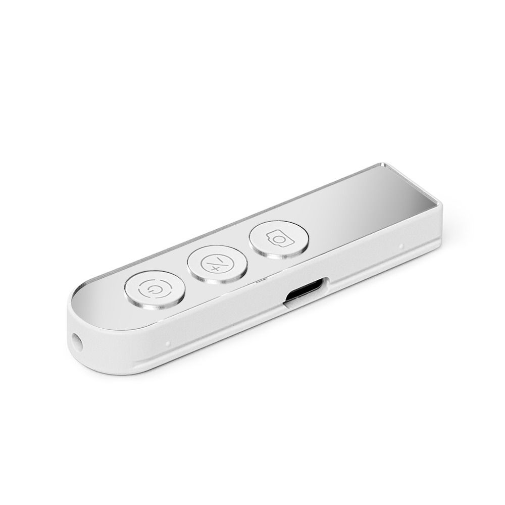 Kompakte silberne Bluetooth-Fernbedienung mit drei Bedientasten und USB-C-Anschluss, geeignet zur Kameraauslösung und Mediensteuerung