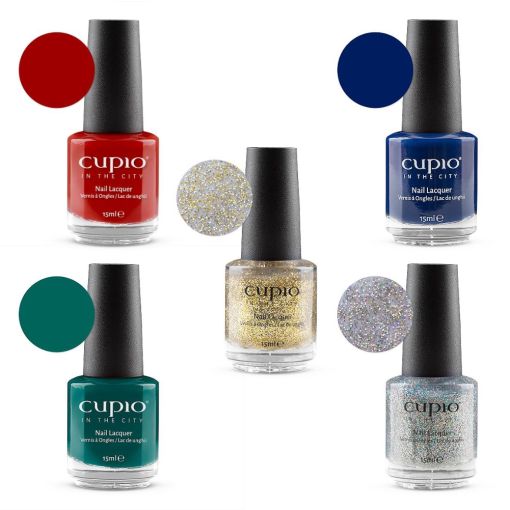 Fünfteiliges Cupio Nagellack Set mit kräftigen und Glitzer-F