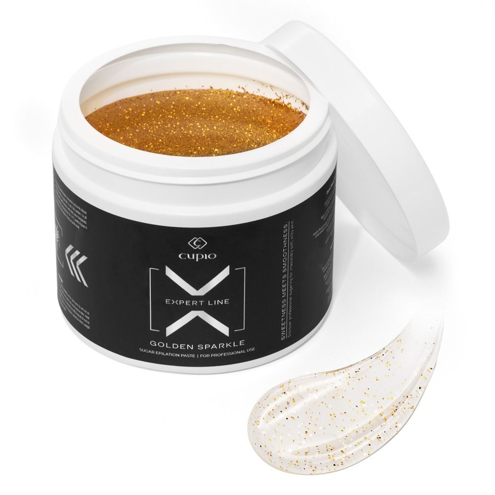 Geöffneter Tiegel Cupio Expert Line Golden Sparkle Zuckerpaste für professionelle Haarentfernung mit goldenen Glitzerpartikeln und Produktprobe