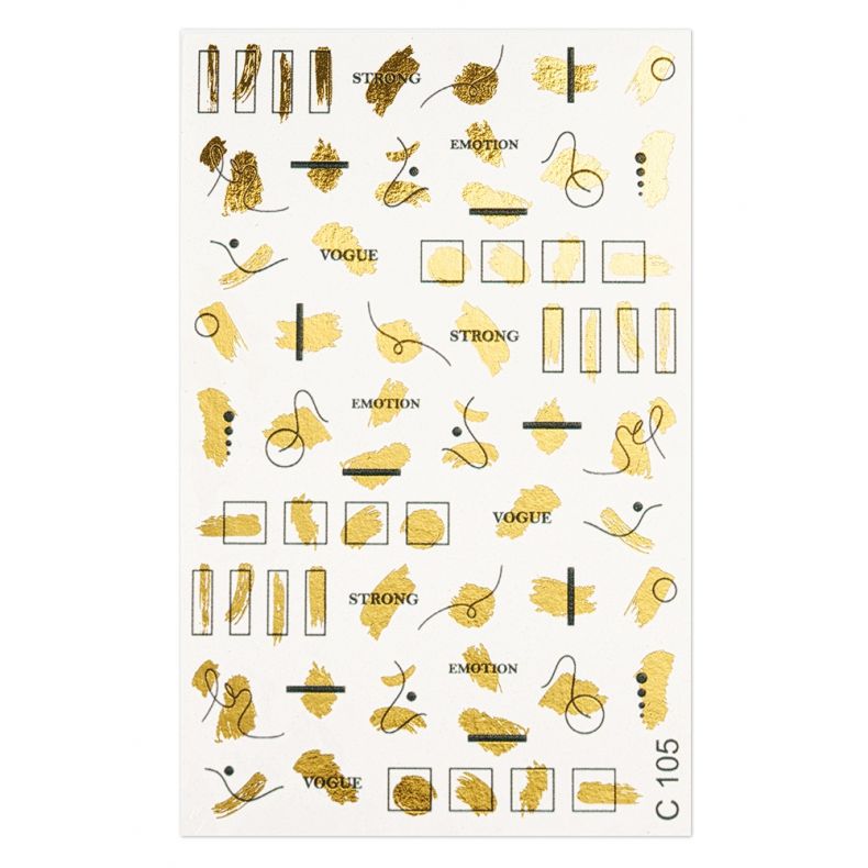 Nail Art Sticker mit goldenen Designs, einschließlich Schriftzügen und abstrakten Formen