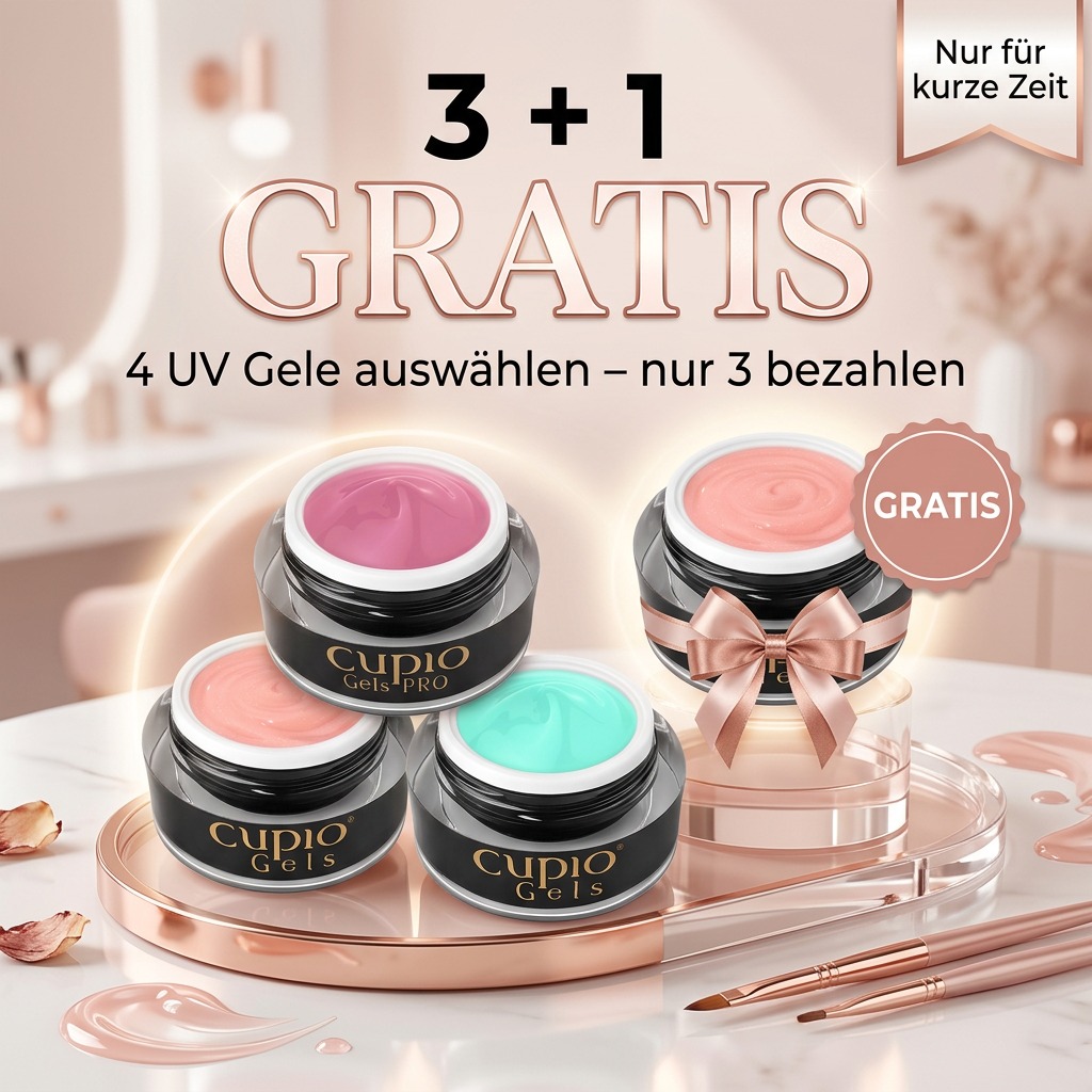 Werbebild mit 3+1 gratis Angebot für Cupio UV Gele: Vier Farbgele im Tiegel, davon eines gratis, 4 auswählen und nur 3 bezahlen.