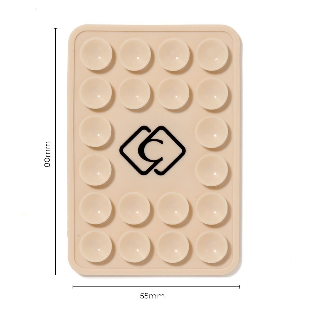 Rechteckiges Silikon-Saugpad in Beige mit 20 Saugnäpfen und Logo in der Mitte, Maße 80 x 55 mm