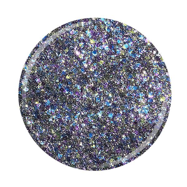 Runde Dose mit schimmerndem Glitzer in lila, blau und silber