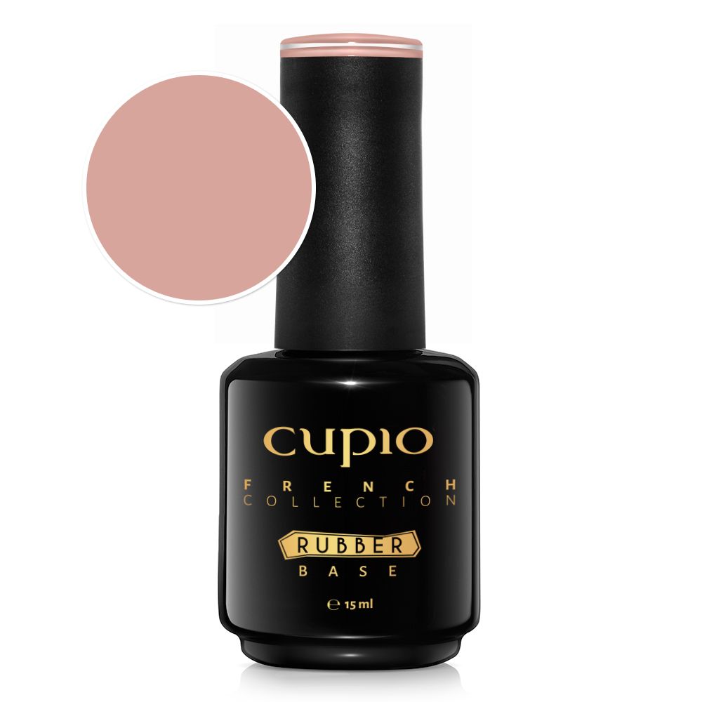 Schwarze Flasche Cupio French Collection Rubber Base 15 ml mit Farbmuster in zartem Nude-Rosa