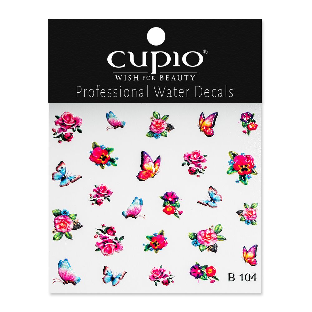 Packung mit professionellen Wasser Decals von Cupio, verziert mit Blumen und Schmetterlingen.