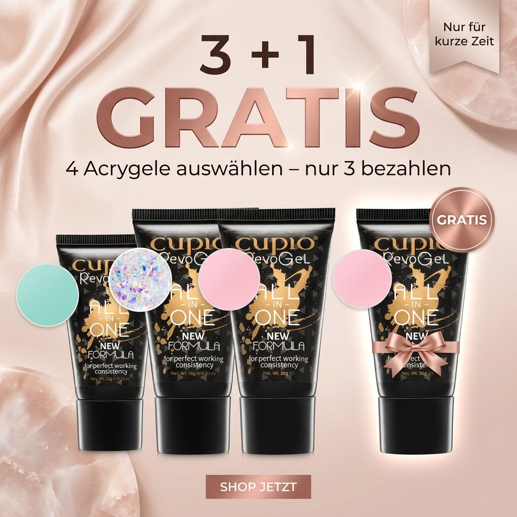 Werbebild zur 3+1 Gratis Aktion mit Cupio RevoGel Acrylgel: 4 Acrylgele auswählen und nur 3 bezahlen, zeitlich begrenztes Angebot