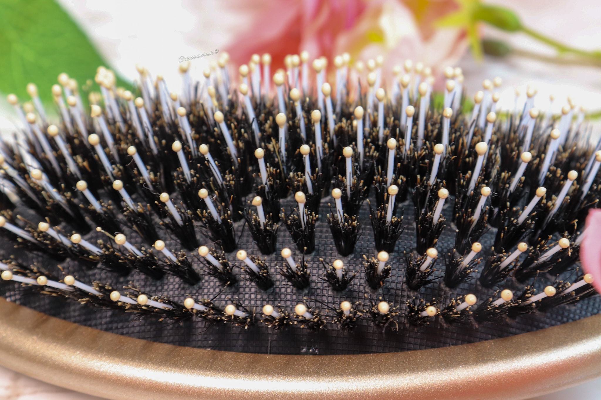 Detailaufnahme einer Haarbürste mit feinen Borsten und ergonomischem Design