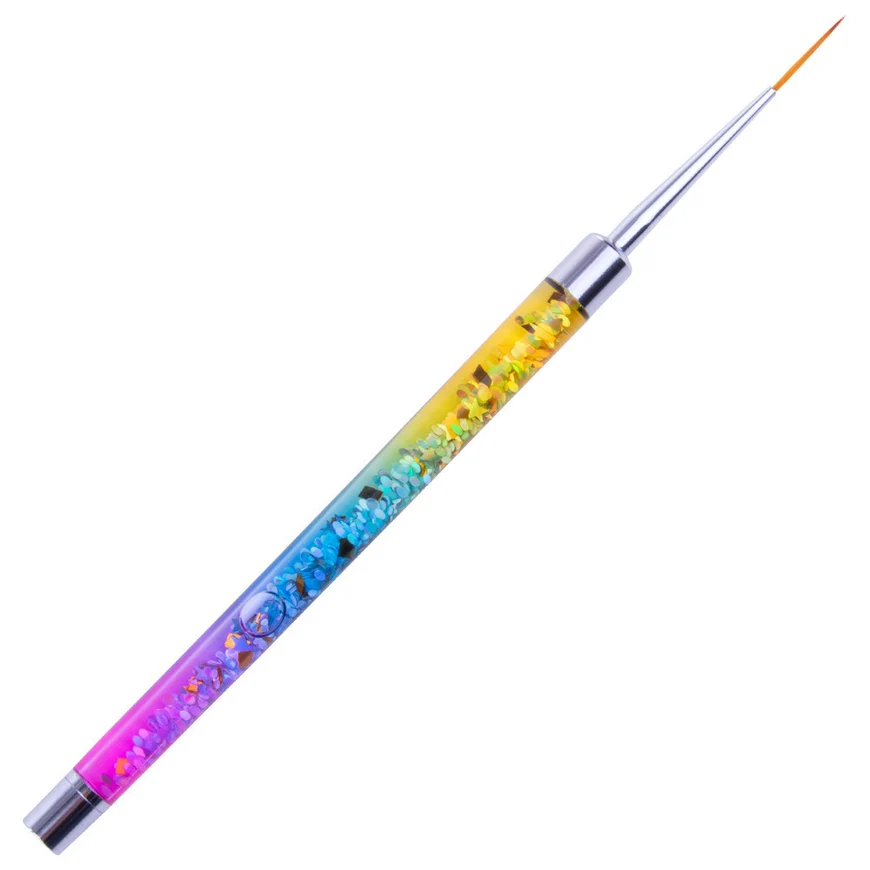 Feiner Nailart-Liner-Pinsel mit orangefarbener Spitze, Metallzwinge und glitzerndem Griff im Regenbogenverlauf für präzise Nageldesigns