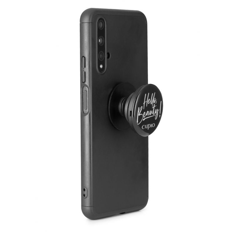 Smartphone mit einem schwarz-weißen Handyhalter, Aufdruck "Hello Beauty!" von Cupio auf der Rückseite.