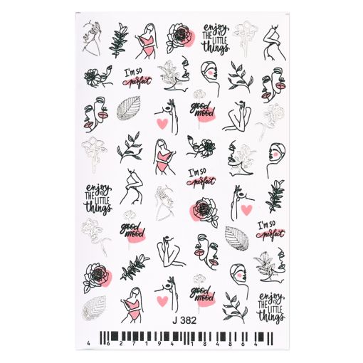 Sticker-Set mit verschiedenen Motiven, darunter Blumen, Tänzerinnen und inspirierende Sprüche.