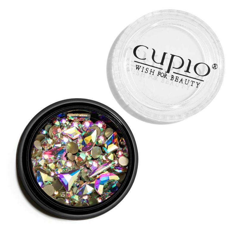 Transparente Dose mit bunten Strasssteinen von Cupio für Nageldesign