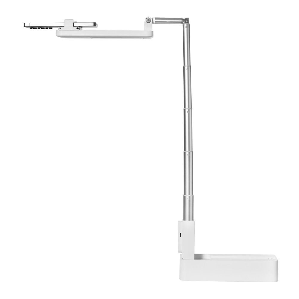 Silberne LED-Tischleuchte mit schlankem, höhenverstellbarem Arm, schwenkbarem Leuchtkopf und rechteckigem Standfuß