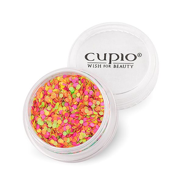 Glitzernde Pailletten in Pink, Gelb und Grün von Cupio in transparentem Behälter