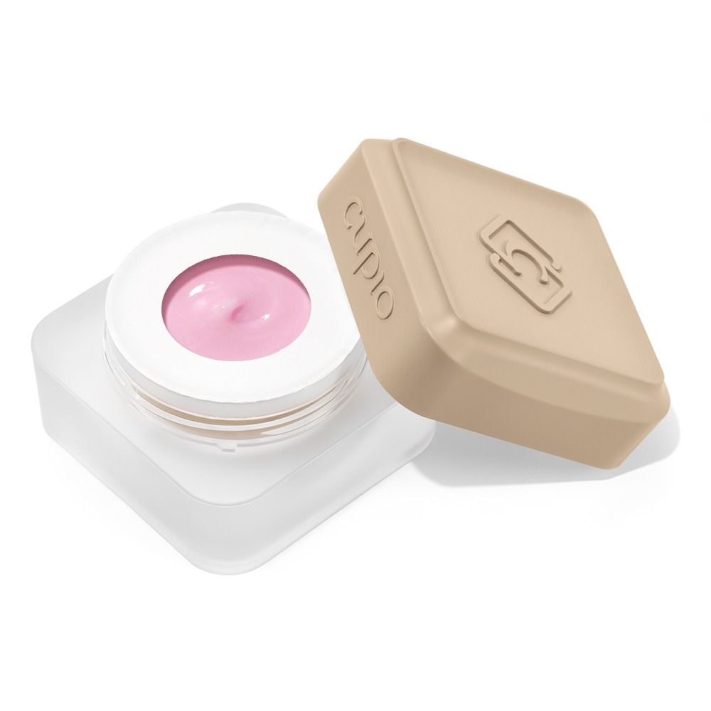 Clipo Lippenbalsam in offenem, quadratischem Tiegel mit rosa Pflegebalsam und beigem Deckel auf weißem Hintergrund