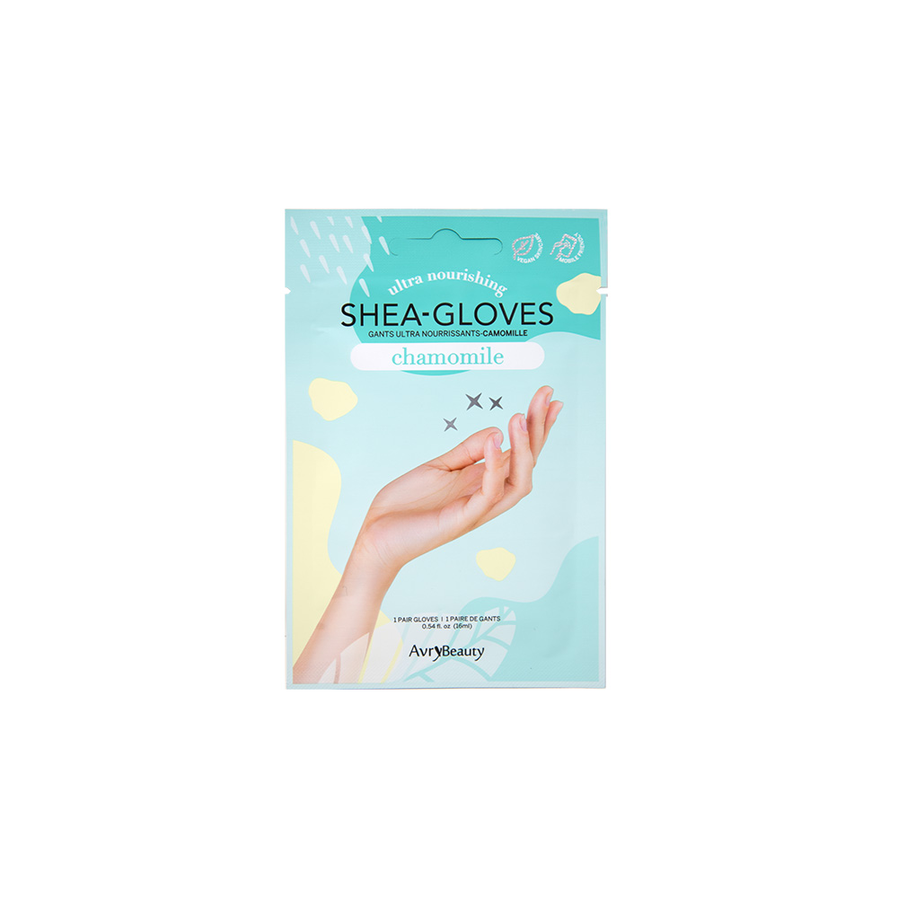 Produktverpackung der AvryBeauty Shea-Gloves Chamomile, ultra nährende Pflegehandschuhe mit Sheabutter und Kamille