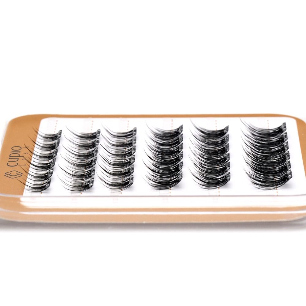 Tray mit schwarzen Cuccio Lashes Kunstwimpern in mehreren Reihen, geeignet für Wimpernverlängerung und Volumen-Looks