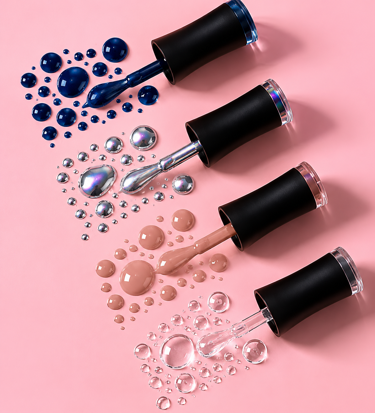 Vier Nagellack-Pipetten mit Tropfen in Blau, Chrom-Silber, Nude und transparent auf rosa Hintergrund als Produktdarstellung