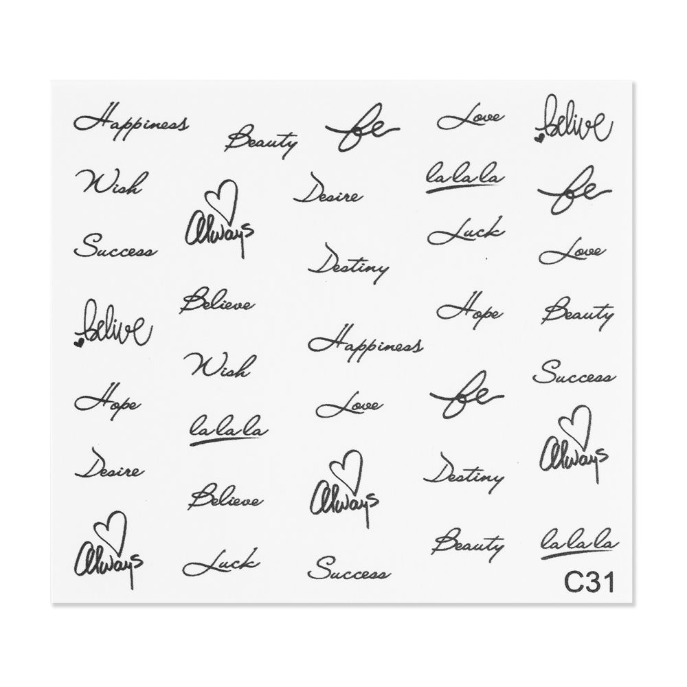 Blatt mit verschiedenen kalligrafischen Schriftzügen wie Happiness, Beauty und Love